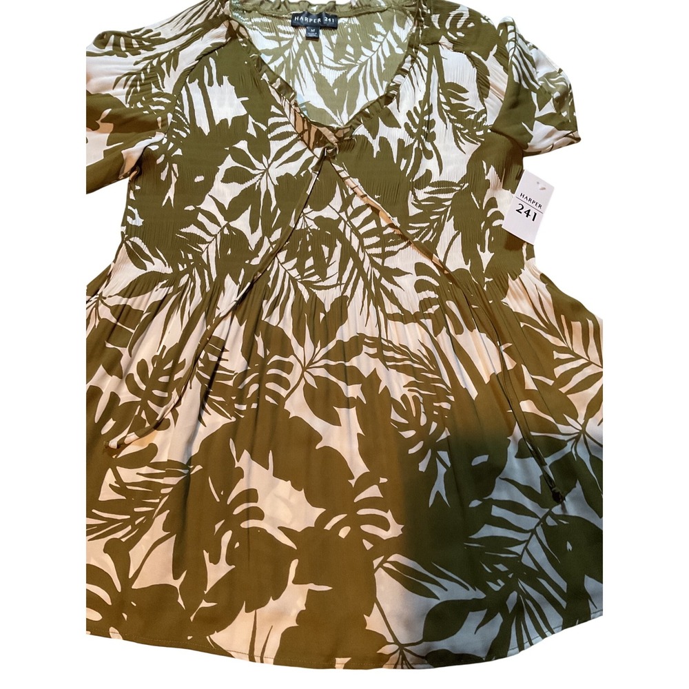 Harper 241‎ Tropical Leaf Print Smocked Blouse Top Green White Size M